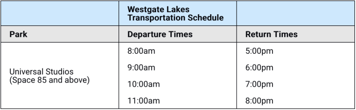 Westgate Lakes transportation schedule: Departure 8-11am, Return 5-8pm, for Universal Studios.