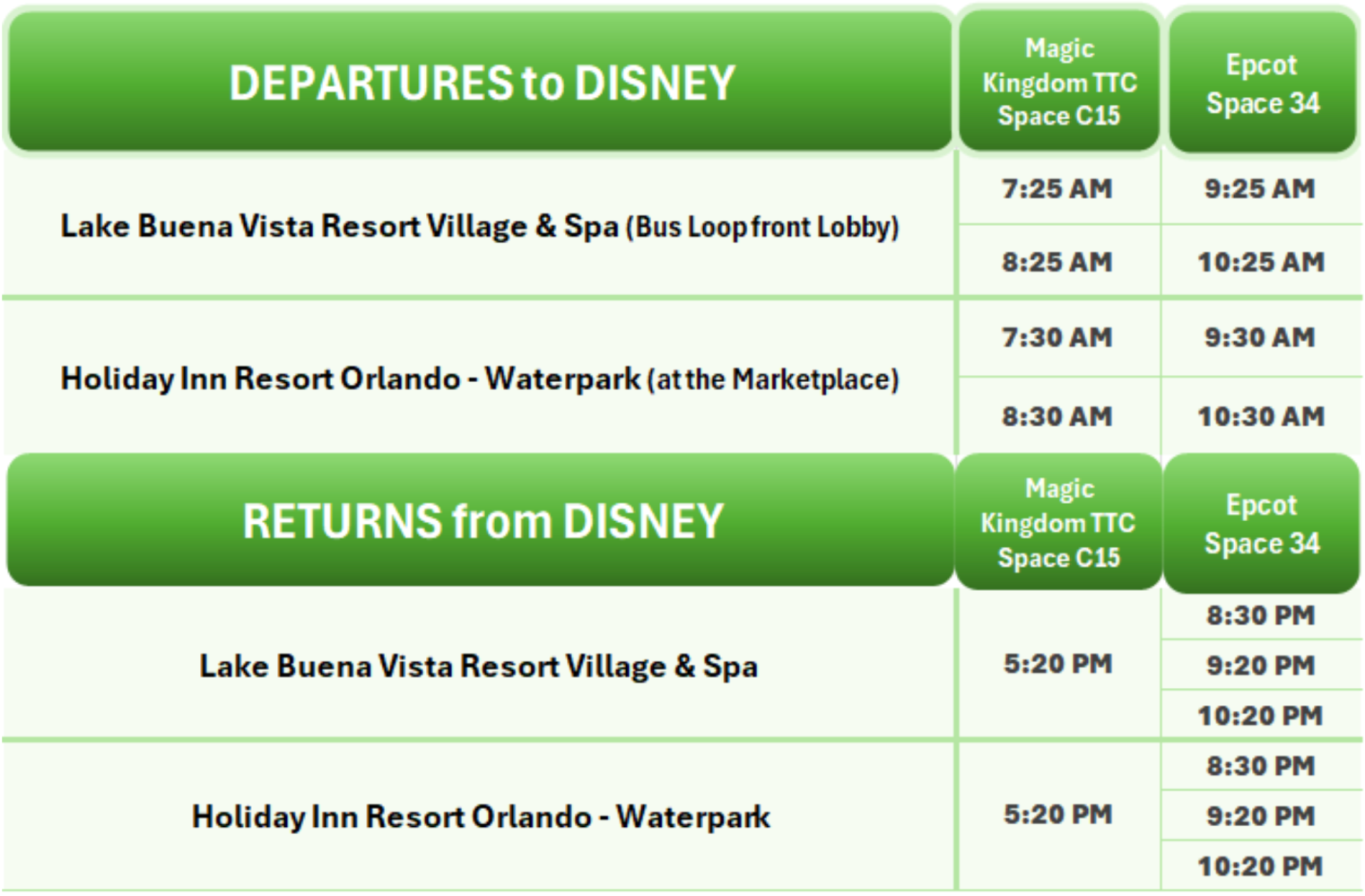 Bus schedule with departures and returns to Disney from two Orlando resorts.