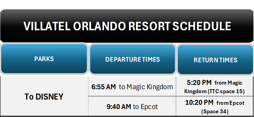 Villatel Orlando Resort schedule with times to Magic Kingdom and Epcot.