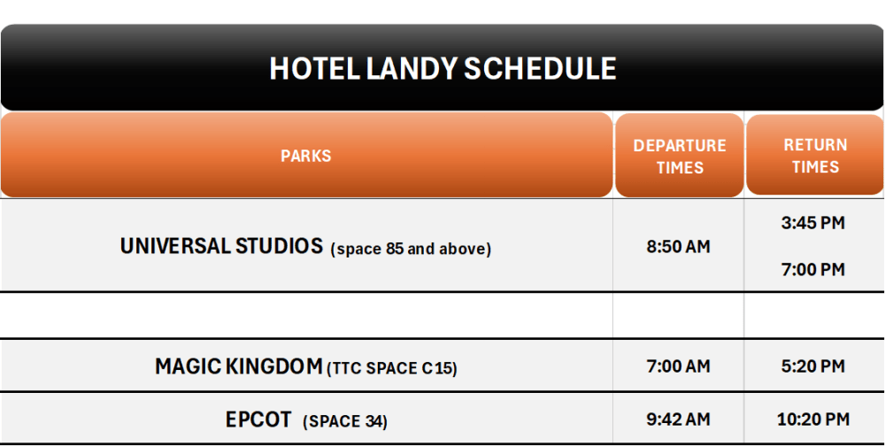 Hotel Landy schedule: Universal, Magic Kingdom, Epcot departure/return times.