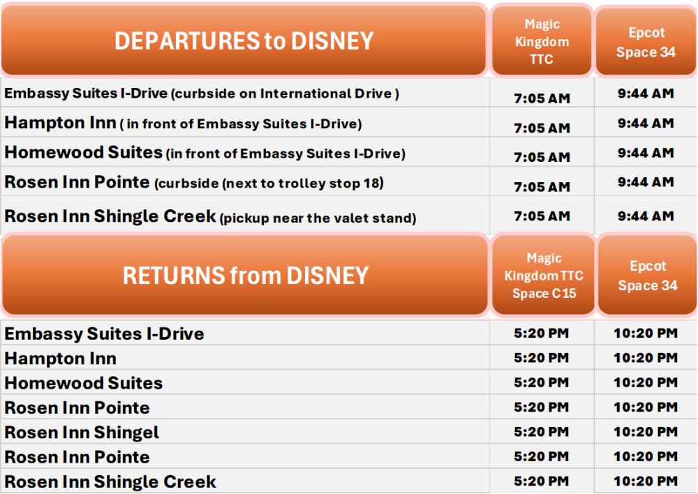 Schedule for shuttle departures to and returns from Disney from various hotels with times listed.