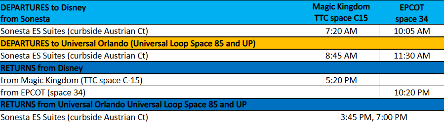 Bus schedule showing departure and return times to Disney and Universal Orlando.