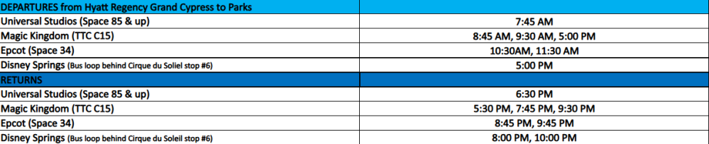 Schedule for shuttle departures and returns from Hyatt Regency to parks.
