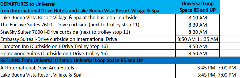 Shuttle schedule with departure and return times from hotels to Universal.