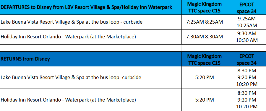 Shuttle schedule listing departures to Disney and returns from Disney.