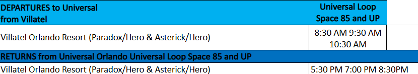 Bus schedule with departure and return times from Villatel to Universal Orlando.