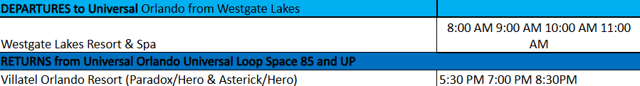 Table with shuttle times from Westgate Lakes to Universal Orlando and returns.