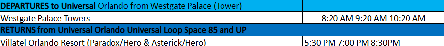 Shuttle schedule from Westgate to Universal Orlando and return, with times listed.