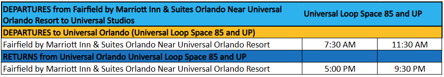 Bus schedule from hotel to Universal Studios and back, with times listed.